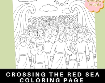 May include: Black and white line art coloring page titled "Crossing the Red Sea Coloring Page." The image depicts a crowd of people, with waves on either side, and a sun and clouds in the sky.