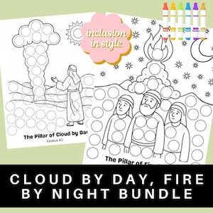 Pode incluir: Páginas para colorir em preto e branco com marcadores de pontos, apresentando cenas bíblicas. O texto "The Pillar of Cloud by Day" e "The Pillar of Fire" é visível. A frase "inclusion in style" também está presente. O título "CLOUD BY DAY, FIRE BY NIGHT BUNDLE" está na parte inferior.