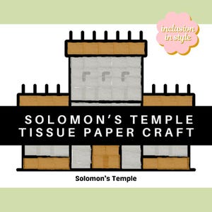 Può includere: Illustrazione del Tempio di Salomone, un progetto di artigianato con carta velina. L'immagine presenta un edificio stilizzato con sezioni marroni e bianche, delineate in nero. Il testo "SOLOMON'S TEMPLE TISSUE PAPER CRAFT" è visibile.