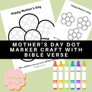 Op de afbeelding: Zwart-witte printbare Moederdag-activiteit met een bloemendesign en de tekst "Happy Mother's Day". De activiteit bevat een Bijbelvers: "Haar kinderen staan op en prijzen haar." Spreuken 31:28.