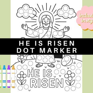 Peut inclure: Illustration en noir et blanc de Jésus-Christ avec une auréole et des rayons de lumière. L'image est une activité de marquage de points avec le texte "HE IS RISEN DOT MARKER" et "HE IS RISEN" en dessous de l'image.