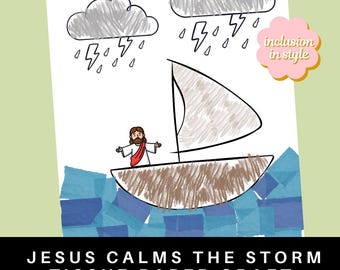Puede incluir: Ilustración colorida de un barco con una figura dentro, navegando sobre aguas azules bajo un cielo tormentoso con lluvia y relámpagos. El texto "JESUS CALMS THE STORM TISSUE PAPER CRAFT" está en la parte inferior.
