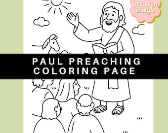 May include: Black and white line art coloring page titled "Paul Preaching Coloring Page." The image depicts a man preaching to a crowd, with a sun, clouds, and a donkey. The text "Paul Preached the Gospel" is at the bottom.