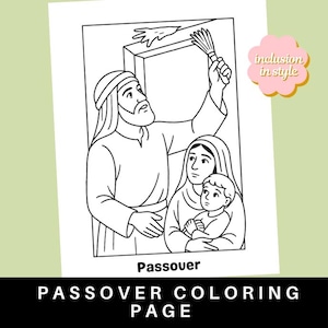 May include: Black and white line art colouring page featuring a family. A man is holding a brush above a doorway, while a woman holds a child. The word "Passover" is written below the image, with "Passover Colouring Page" at the bottom.
