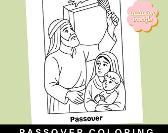 Può includere: Pagina da colorare in bianco e nero con una famiglia. Un uomo tiene un pennello sopra una porta, mentre una donna tiene in braccio un bambino. La parola "Passover" è scritta sotto l'immagine, con "Passover Coloring Page" in basso.
