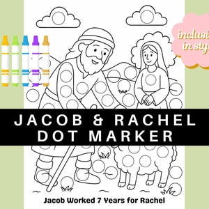 Puede incluir: Ilustración en blanco y negro de Jacob y Raquel con una oveja. La imagen está diseñada para actividades de marcador de puntos. El texto "Jacob & Rachel Dot Marker" y "Jacob Worked 7 Years for Rachel" está incluido en la imagen.