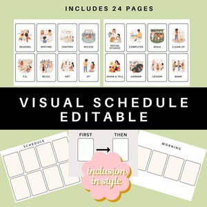 May include: A visual schedule for children with 24 pages. The schedule includes images of activities such as reading, writing, centres, recess, social studies, computer, walk, clean up, PE, music, art, OT, show and tell, garden, lesson, and band. The schedule also includes blank templates for first, then, and morning activities. The text "inclusion in style" is displayed on a pink circle.