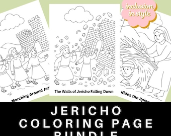May include: A bundle of coloring pages with black line drawings depicting scenes from the story of Jericho. The pages include text that reads "Marching Around Jer", "The Walls of Jericho Falling Down", and "Hides the Spies". The text "JERICHO COLORING PAGE BUNDLE" is also present.