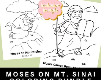 May include: A coloring bundle featuring two black and white illustrations of Moses. One shows Moses on Mount Sinai, and the other shows Moses coming down the mountain. The text "MOSES ON MT. SINAI COLORING BUNDLE" is at the bottom.