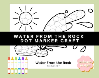 Może przedstawiać: Czarno-biała, drukowana aktywność plastyczna dla dzieci z motywem słońca, skały i wody. Tytuł to "Water From The Rock Dot Marker Craft". Tekst "Water From the Rock Exodus 17:1-7" znajduje się pod obrazkiem. Różowo-biała naklejka z tekstem "inclusion in style" znajduje się w prawym dolnym rogu.