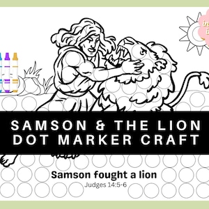 Puede incluir: Ilustración en blanco y negro de línea de Sansón luchando contra un león. La imagen es una actividad de manualidades de marcador de puntos para niños. El texto "Sansón luchó contra un león" y "Jueces 14:5-6" está incluido.