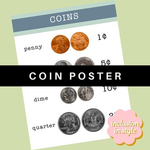 May include: A colourful educational poster with images of US coins and their values. The poster features a penny, a nickel, a dime, and a quarter. The text "COIN POSTER" is printed in black on a white background.