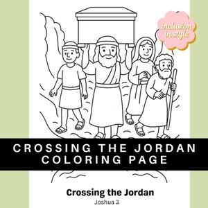 Può includere: Disegno a tratto in bianco e nero di una pagina da colorare intitolata "Crossing the Jordan Coloring Page". L'immagine raffigura diverse figure che trasportano un oggetto rettangolare, con il testo "Crossing the Jordan Joshua 3" in basso.