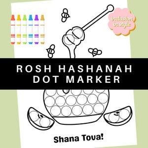 Può includere: Un foglio di attività con pennarelli a punti di Rosh Hashanah in bianco e nero con un mestolo per il miele, api e fette di mela. Il testo "Rosh Hashanah Dot Marker" e "Shana Tova!" sono visualizzati. Include un set di pennarelli colorati.