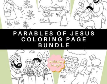 May include: A bundle of coloring pages featuring line art illustrations of parables from the Bible. The title "Parables of Jesus Coloring Page Bundle" is displayed prominently. The pages depict scenes with people, animals, and text, ready for coloring.