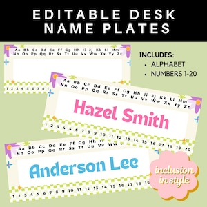 EDITABLE Groovy Retro Student Desk Name Plate I Name Tags Numbers & Alphabet