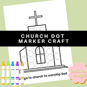 Puede incluir: Modelo de manualidades de marcador de puntos de iglesia imprimible en blanco y negro. La imagen muestra una iglesia con una cruz en la parte superior y una ventana. El texto "We go to church to worship God" está en la parte inferior de la página.