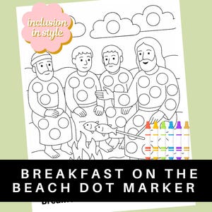 Könnte beinhalten: Schwarz-weiß-Linienzeichnung von vier Personen, die um ein Feuer mit einem Fisch auf einem Stock sitzen. Die Personen tragen gepunktete Kleidung. Das Bild ist mit "Breakfast on the Beach Dot Marker" betitelt.