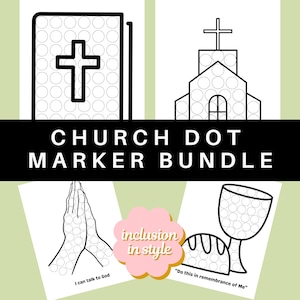 Peut inclure: Un ensemble de quatre feuilles d'activités de marquage de points imprimables en noir et blanc représentant des images religieuses. Les images comprennent une église, une bible, des mains en prière et un calice et du pain. Le texte sur les feuilles indique "Je peux parler à Dieu", "Ensemble de marqueurs de points d'église" et "Faites cela en souvenir de moi".