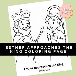 Op de afbeelding: Zwart-wit kleurplaat met een koning en een vrouw. De tekst "ESTHER APPROACHES THE KING COLORING PAGE" wordt weergegeven. De afbeelding bevat ook de tekst "Esther Approaches the King Esther 5:1-8".