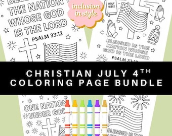 Lot de pages à colorier chrétiennes du 4 juillet – Psaume 33:12, Une nation sous Dieu | Imprimables Foi et liberté