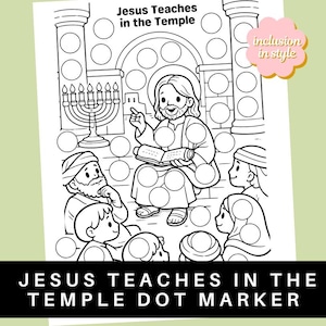 Può includere: Disegno a tratto in bianco e nero di Gesù che insegna nel tempio, con un candelabro a sette bracci e diverse figure. Il testo "Jesus Teaches in the Temple" è in alto e "JESUS TEACHES IN THE TEMPLE DOT MARKER" in basso.