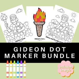 May include: A bundle of dot marker activity pages with illustrations and text. The pages feature line drawings of biblical scenes, including a torch and figures. The title "GIDEON DOT MARKER BUNDLE" is displayed in large white letters on a black background.