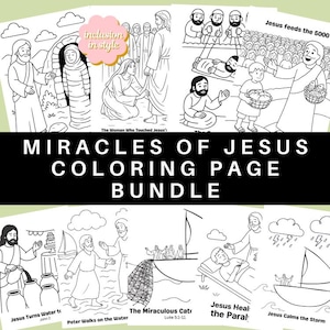 Op de afbeelding: Een bundel zwart-wit kleurplaten met verschillende bijbelse scènes, waaronder Jezus die de 5000 voedt, Jezus die de storm kalmeert en Jezus die water in wijn verandert. De tekst "MIRACLES OF JESUS COLORING PAGE BUNDLE" wordt weergegeven.