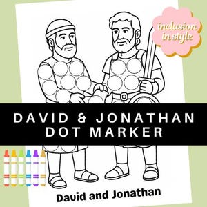 May include: Black and white line art illustration of two men, with the text "DAVID & JONATHAN DOT MARKER" and "David and Jonathan". The image includes a pink flower-shaped graphic with the text "inclusion in style".