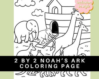 Gli animali entrano nell'arca due a due / Pagina da colorare della Bibbia sull'arca di Noè