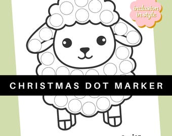 May include: Black and white Christmas dot marker activity sheet featuring a cartoon sheep with dot circles. The text "CHRISTMAS DOT MARKER" is displayed on a black banner. The text "The Shepherds found the Savior Luke 2:16" is also included.