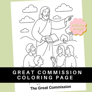 May include: Black and white line art coloring page featuring a religious scene with a central figure pointing and holding a book, surrounded by several people. The text "GREAT COMMISSION COLORING PAGE" is at the bottom.