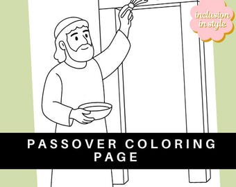 Può includere: Illustrazione in bianco e nero di una persona che tiene in mano una ciotola e un pennello, applicando qualcosa a un telaio della porta. Il testo "Passover Coloring Page" è in basso nell'immagine, con la parola "Passover" sotto. Una grafica rosa a forma di fiore dice "inclusion in style".