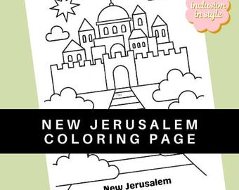Puede incluir: Dibujo lineal en blanco y negro de la Nueva Jerusalén, una página para colorear. La imagen presenta una ilustración detallada de una ciudad con un gran edificio central, torres y nubes. El texto en la parte inferior dice "New Jerusalem Coloring Page" y "Revelation 21".