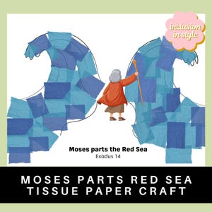 Puede incluir: Ilustración de un proyecto de manualidades que representa a Moisés dividiendo el Mar Rojo. La obra presenta una figura con una túnica naranja y un bastón, entre dos olas estilizadas hechas con cuadrados de papel de seda azul. El texto dice "Moses parts the Red Sea" y "Exodus 14".