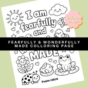 Puede incluir: Página para colorear en blanco y negro con el texto "Soy maravillosamente hecho". Incluye ilustraciones de un sol, una nube, una mariposa, un pájaro, una flor, una mariquita y una rana. También se incluye el texto "Salmo 139:14".