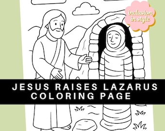 May include: Black and white coloring page depicting Jesus raising Lazarus from the dead. The image includes Jesus, Lazarus, a tomb, and the text "JESUS RAISES LAZARUS COLORING PAGE" and "Jesus Raises Lazarus From the Dead".