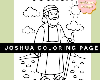 May include: Black and white line drawing of a man named Joshua, with clouds and a sun in the background. The text "JOSHUA COLORING PAGE" is at the bottom. The word "JOSHUA" is at the top.