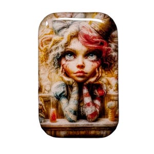 May include: A rectangular, artistic image featuring a young girl with blue eyes, resting her chin on her hands. Her hair is a mix of blonde and red, and she wears a crown. The background shows a detailed, vintage-style interior.