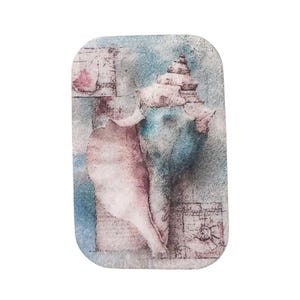 May include: A rectangular, watercolor-style image featuring a conch shell in shades of pink, blue, and white. The shell is the focal point, set against a textured, faded background with hints of architectural elements.