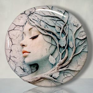 May include: A circular wall plaque featuring a relief sculpture of a person's profile with closed eyes. The design incorporates tree branches and leaves emerging from the hair, set against a background with a cracked, weathered stone texture.