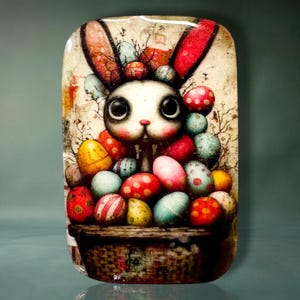 May include: A rectangular decorative plaque featuring a whimsical illustration of a rabbit with large dark eyes and long ears, surrounded by a collection of colorful, patterned Easter eggs piled inside a woven basket against a textured background.