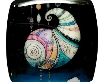 May include: A square, decorative glass piece with a black background featuring a colorful, abstract design. The design includes a spiral shape with pastel colors, and hanging orbs. A white cloud is at the bottom.