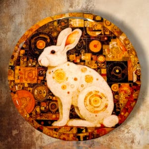May include: A circular decorative plate featuring a white rabbit in profile. The rabbit is set against a complex, abstract background composed of geometric shapes, concentric circles, and metallic gold, orange, and dark brown tones.