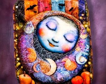 Halloween Moon Child Polymer Clay Cabochon - Handmade Resin Art 40 x 50mm rectangle