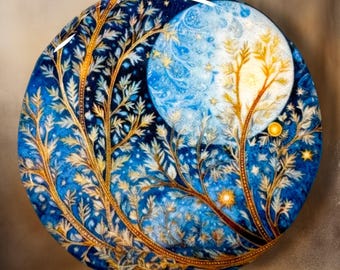 Midnight Moon Trees Polymer Clay Cabochon - Handmade Resin Art 45mm round