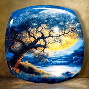 May include: A square decorative plate featuring a glossy finish and a detailed landscape illustration. The scene depicts a large, dark tree silhouetted against a bright yellow full moon, with blue clouds, a calm body of water, and golden ground.