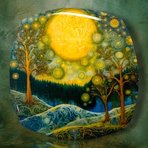 May include: A square decorative plate featuring a vibrant yellow full moon in a dark blue sky filled with glowing star-like patterns. The scene includes two brown trees on rolling hills with intricate blue and green swirling line details.