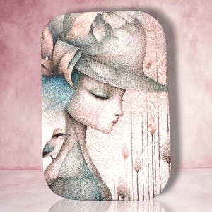May include: A rectangular wall art piece featuring a profile illustration of a person wearing a wide-brimmed hat. The artwork uses a soft color palette of muted blues, pinks, and grays, depicting a small bird perched near the neck and thin vertical lines representing tall, slender plants in the background.