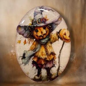Scarecrow with Jack Polymer Clay Cabochon - Handmade Resin Art 30 x 40mm oval